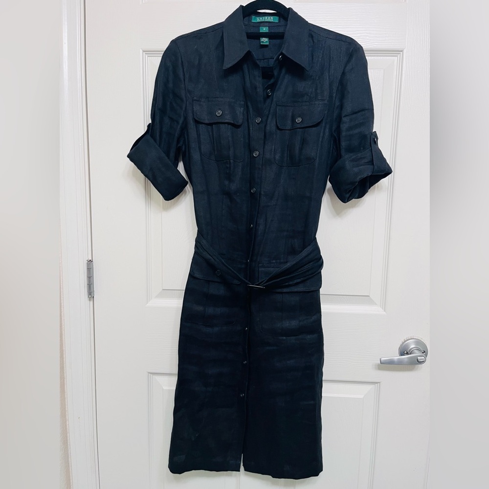 Ralph Lauren Black Linen Long Sleeve Dress,size 6